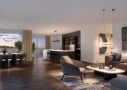 3D Render Innenraum Wohnzimmer und Küche
