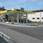 AGROLA Tankstelle in Siebnen, Wangen; überdachte Tankstelle; links Gitter n Aufnahme. Rechts Gebäude neben Tankstelle.
