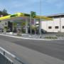 AGROLA Tankstelle in Siebnen, Wangen; überdachte Tankstelle; links Gitter n Aufnahme. Rechts Gebäude neben Tankstelle.