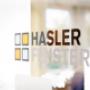 Hasler Fenster Logo auf einer Glashscheibe