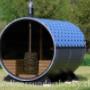 Fasssauna aus Thermoholz mit Panoramaglas als ganze Scheibe jetzt auch mit Sichtschutz und Holzofen. Elektroofen und LED Beleuchtung als Saunalicht stehen alternativ zur Auswahl.
