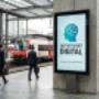 Digitale Werbefläche von gemeinsam DIGITAL an einem Schweizer Bahnhof – Sichtbarkeit für Digitalisierung, Automatisierung und KI-Beratung für KMU.